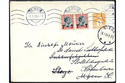 1 øre Bølgelinie og 7/27 øre Provisorium i parstykke på brev fra Lemvig d. 7.1.1929 til Stege - eftersendt til København.