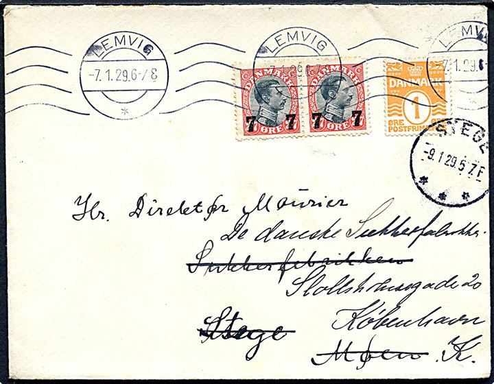 1 øre Bølgelinie og 7/27 øre Provisorium i parstykke på brev fra Lemvig d. 7.1.1929 til Stege - eftersendt til København.