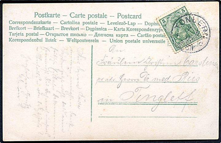 5 pfg. Germania på brevkort annulleret Tondern *c d. 7.11.1907 til Tinglev. Anvendt ca. 2 år senere end registreret. Daka 500,-