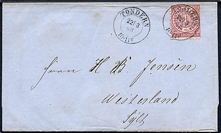 Norddeutsche Postbezirk 1 gr. stukken kant på brev annulleret med 2-ringsstempel Tondern d. 22.3.1868 til Westerland på Sylt.