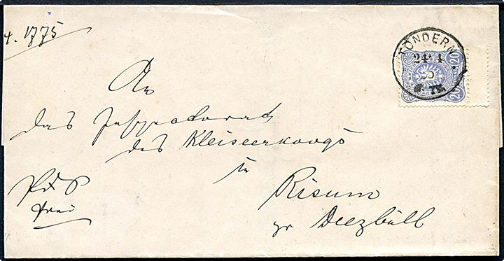 20 pfg. Adler på brev annulleret Tondern ** d. 24.4.1885 til Kleiseerkoog via Risum pr. Deetzbüll. 