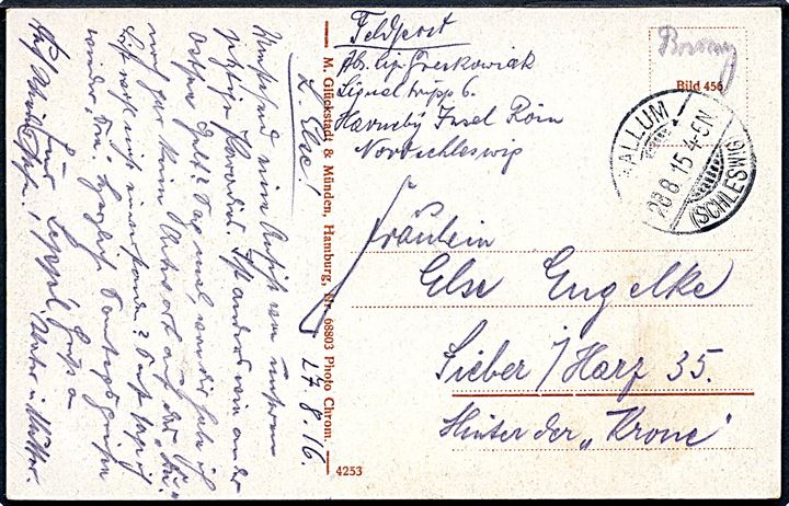 Ufrankeret feltpostkort fra soldat ved Signal Trupp 6 i Havneby, Insel Röm stemplet Ballum (Schleswig) d. 28.8.1915 til Sieber in Harz.