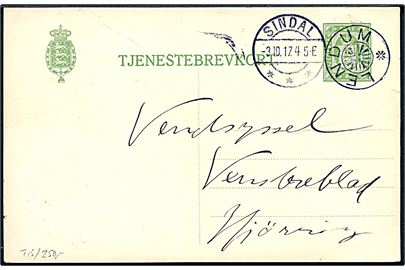 5 øre Tjenestebrevkort (T15) annulleret med stjernestempel LENDUM og sidestemplet Sindal d. 3.10.1917 til Hjørring.
