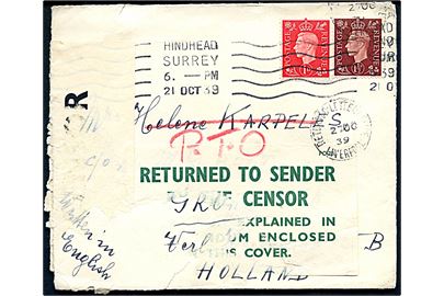 1d og 1½d George VI på brev fra Hindhead d. 21.10.1939 til Holland. Retur fra Liverpool med meddelelse fra den britiske censur. 