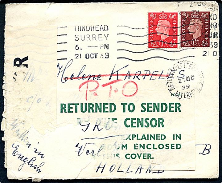 1d og 1½d George VI på brev fra Hindhead d. 21.10.1939 til Holland. Retur fra Liverpool med meddelelse fra den britiske censur. 