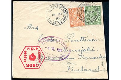 ½d og 2d George V på feltpostbrev annulleret Field Post Office 5.W (Australian Forces i Frankrig) d. 16.5.1916 til Kausako, Finland. Både britisk unit censor no. 3650 og russisk censur fra Helsingfors. Skævt klippet.