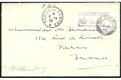 Ufrankeret britisk feltpostbrev stemplet Field Post Office 55 (British Expeditionary Force i Frankrig) via fransk feltpost Poste aux Armees d. 9.4.1940 til Paris, Frankrig. Unit censor no. 1957.
