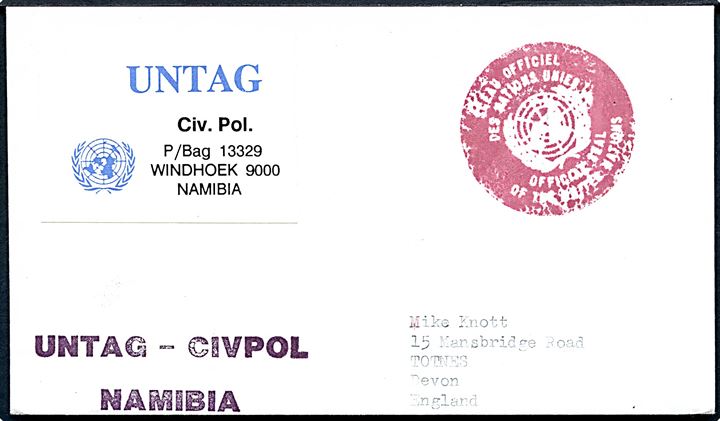 Udateret brev med rødt 2-sproget stempel Official Mail of the United Nations fra UNTAG-CIVPOL i Windhoek, Namibia til Totnes, England.