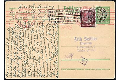 5 pfg. Hindenburg svardel af dobbelt helsagsbrevkort opfrankeret med 10 pfg. Hindenburg annulleret med belgisk stempel i Bruxelles d. 2.1.1942 til Chemnitz, Tyskland. Tysk censur.