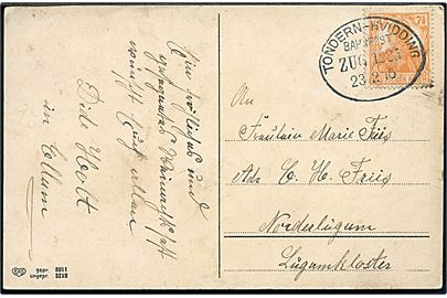 7½ pfg. Germania på brevkort annulleret med bureaustempel Tondern - Hvidding Bahnpost Zug 1225 d. 23.2.1916 til Løgumkloster.