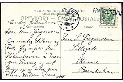 5 øre Fr. VIII på brevkort annulleret med skibsstempel Fra Kjøbenhavn og sidestemplet Rønne d. 4.8.1908 til Rønne, Bornholm.