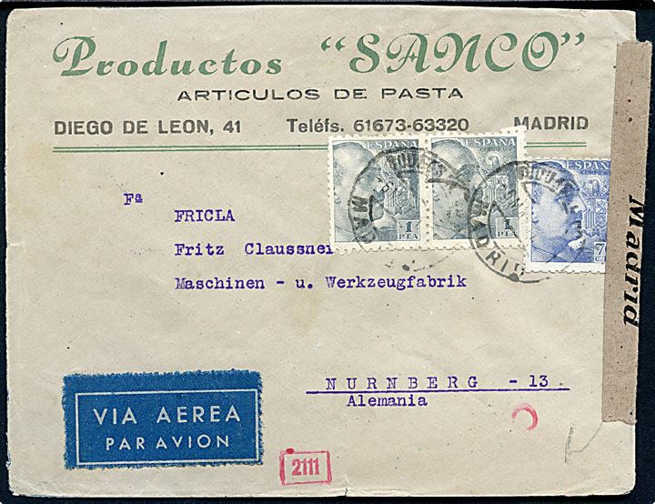 70 cts. og 1 pta. (par) Franco på luftpostbrev fra Madrid d. 6.5.1941 til Nürnberg, Tyskland. Åbnet af lokal spansk censur i Madrid og af den tyske censur i München.