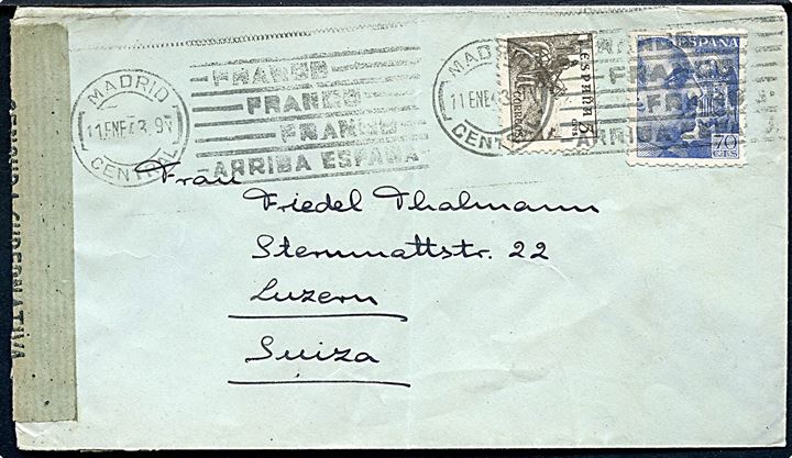 5 cts. Rytter og 70 cts. Franco på brev fra Madrid d. 11.1.1943 til Luzern, Schweiz. Åbnet af lokal censur i Madrid.