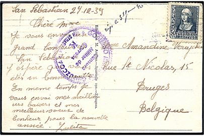 50 cts. Isabella single på brevkort fra San Sebastian d. 24.12.1939 til Bruges, Belgien. Lokal spansk censur fra San Sebastian.