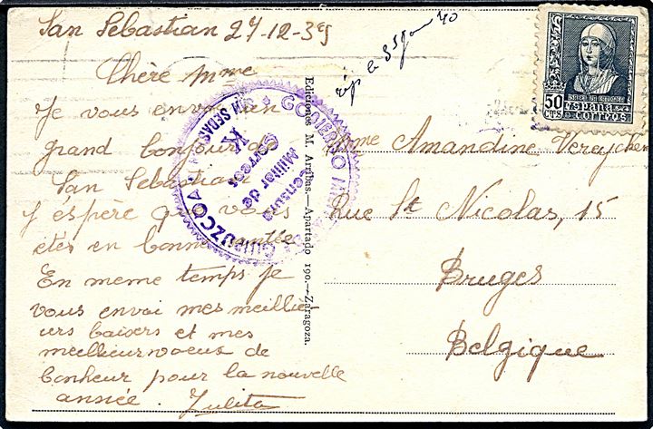 50 cts. Isabella single på brevkort fra San Sebastian d. 24.12.1939 til Bruges, Belgien. Lokal spansk censur fra San Sebastian.