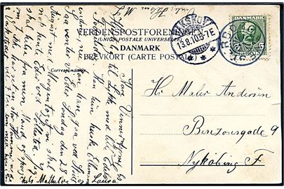 5 øre Fr. VIII på brevkort (Carlo, jonglør paa slap line) annulleret med stjernestempel VESTERBORG og sidestemplet Nakskov d. 13.8.1910 til Nykjøbing.