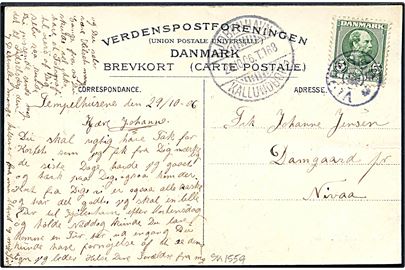 5 øre Chr. IX på brevkort (Søminestationen, Bramsnæsvig ved Holbæk) annulleret med stjernestempel VIPPERØD og sidestemplet med bureaustempel Kjøbenhavn - Kallundborg T.168 d. 29.10.1906 til Nivaa.