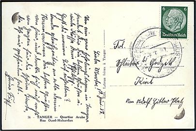 6 pfg. Hindenburg på brevkort (Tanger) dateret d. 9.6.1937 og annulleret med marinepost stempel Deutsche Marine-Schiffspost * Nr. 29 * d. 8.6.1937 til Kiel, Tyskland. Sendt fra krydseren Admiral Scheer som var del af det 8. Spanienverband (10.5-2.7.1937).