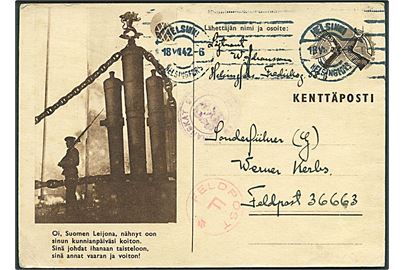 Illustreret Feltpostkort fra Helsingfors d. 18.7.1942 til Sonderführer Werner Kerbs ved tysk feltpost nr. 36663 (= Kommando 2. Gebirgs-Division i Lapland). Finsk censur og rødt dirigeringsstempel “Feldpost F”. Skrevet på svensk.