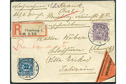 20 pfg. og 40 pfg. Fælles udg. på anbefalet brev med postopkrævning fra Flensburg d. 17.4.1920 til Solothurn, Schweiz. God destination.