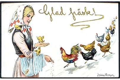Jenny Nystrøm: Glad Påsk. Kvinde giver hønsene korn. Axel Eliassons Konstforlag no. 5906. 