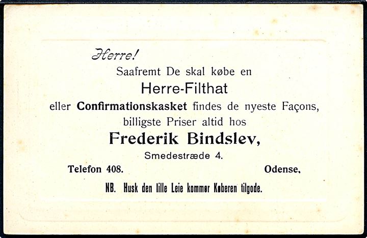 Odense. Sct. Knuds Kirke. Reklamekort fra Frederik Bindslev (Herre hatte), Smedestræde 4. Uden adresselinier. U/no. 