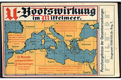 U-bootswirkung im Mittelmeer. Skibe sænket af tyske ubåde i Middelhavet. Propagandakort anvendt som feltpost fra Danzig d. 24.10.1918.