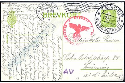 15 øre Chr. X helsagsbrevkort (fabr. 148) fra Tønder d. 2.12.1943 til Tönning, Tyskland. Tysk censur fra Hamburg med spor efter kemisk censur.