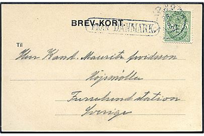 5 øre Våben på brevkort (Helsingør havn med dampfærge) annulleret med svensk bureaustempel PKXP No. 32 (= Helsingborg - Hässleholm) d. 26.9.1902 og sidestemplet Från Danmark til Furulunds Station, Sverige.