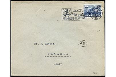 40 øre DSB Jubilæum på brev annulleret med TMS Breve indtil 5 g luftpostbefordres gratis København - New York/København K. d. 15.7.1948 til Catania, Italien.