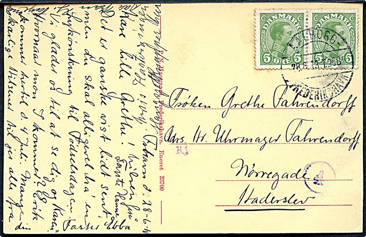 5 øre Chr. X i parstykke på brevkort fra Frederikshavn annulleret med bureaustempel Aalborg - Frederikshavn T.968 d. 28.6.1918 til Haderslev, Nordslesvig. Violet lokalt censurstempel 4.