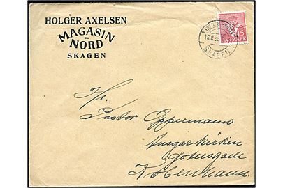 15 øre Tavsen (folder) på firmakuvert fra Magasin du Nord i Skagen annulleret med bureaustempel Frederikshavn - Skagen T. 11 d. 18.8.1936 til København.