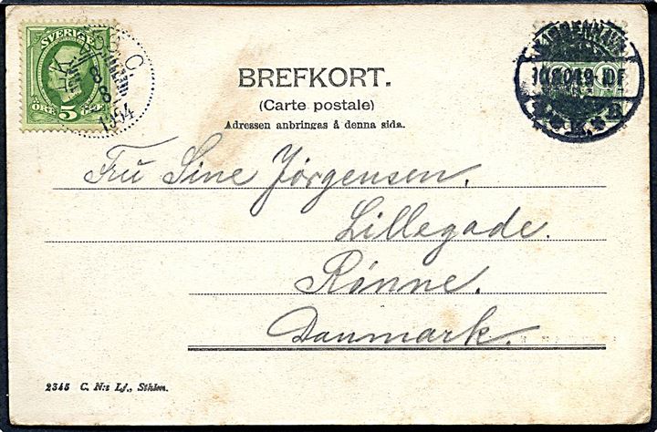 Dansk 5 øre Våben annulleret Kjøbenhavn d. 10.8.1904 og svensk 5 öre Oscar II annulleret med bureaustempel PLK 258C (= Bollnäs - Orsa) d. 8.8.1904 på blandingsfrankeret brevkort (Stockholm Slot med dampskibe) til Rønne, Bornholm.