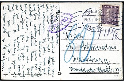 20 öre Gustaf på underfrankeret brevkort fra Stockholm d. 20.6.1921 til Hamburg. Ovalt Porto stempel og udtakseret i 80 pfg. tysk porto.