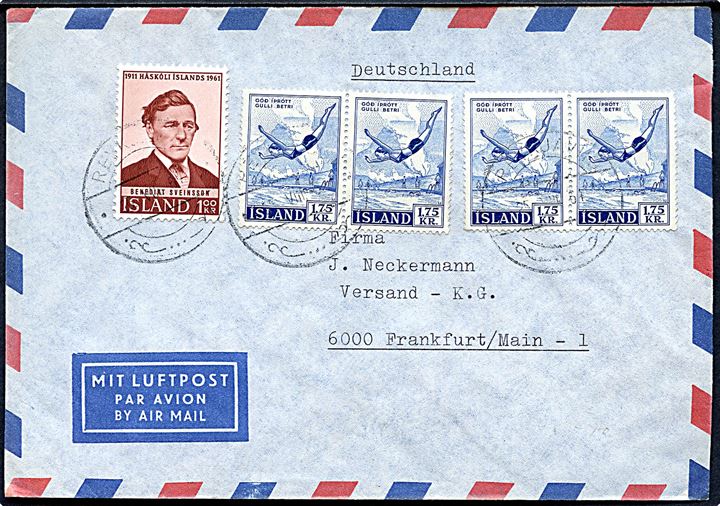 1 kr. Sveinsson og 1,75 kr. Idræt (3) på luftpostbrev fra den tyske ambassade i Reykjavik 1961 til Frankfurt, Tyskland.