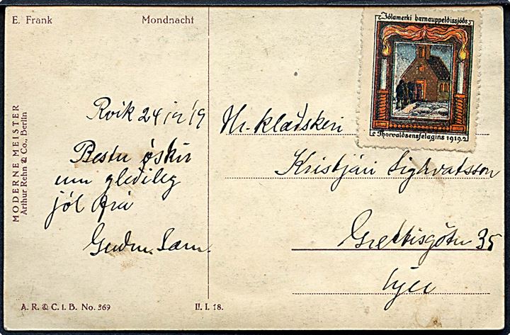 Thorvaldsen Foreningen julemærke 1919 på lokalt brevkort i Reykjavik d. 24.12.1919. Antagelig fremsendt i kuvert.
