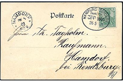 5 pfg. Germania på brevkort fra Marne annulleret med bureaustempel Hamburg - Tondern Bahnpost Zug 1005 d. 26.5.1901 til Hamdorf.