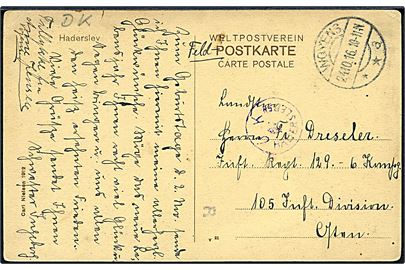 Ufrankeret feltpostkort stemplet Woyens **a d. 24.10.1916 til soldat i Inf. Regt. 129 på østfronten. Lokalt censurstempel Ü. K. Hadersleben