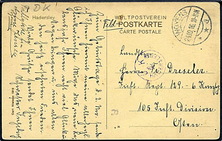 Ufrankeret feltpostkort stemplet Woyens **a d. 24.10.1916 til soldat i Inf. Regt. 129 på østfronten. Lokalt censurstempel Ü. K. Hadersleben