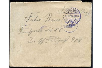 Ufrankeret feltpostbrev stemplet Tondern **b d. 16.4.1918 til soldat ved Deutsche Feldpost 902. Blåt censurstempel Ü.-K. Tondern.
