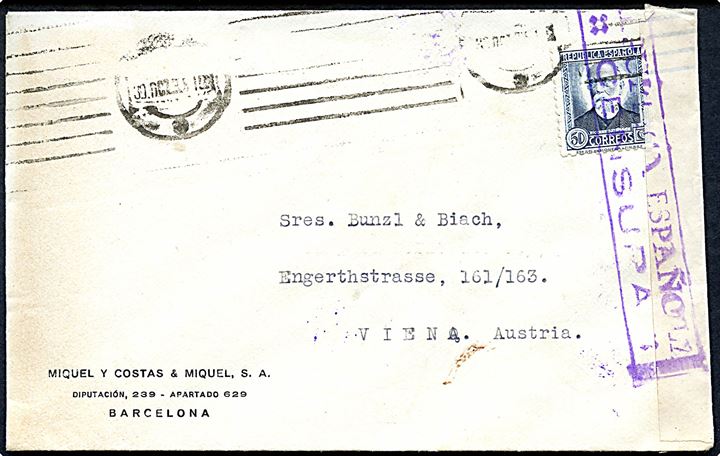 50 cts. Salmeron single på brev fra Barcelona ca. 1936 til Wien, Østrig. Lokal spansk censur fra Barcelona.
