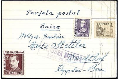 5 cts. Rytter, 40 cts. Isabel og 5 cts. Antonio på brevkort fra Barcelona d. 10.4.1939 til Werdthof, Schweiz. Lokal spansk censur fra Barcelona.