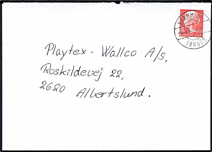 160 øre Margrethe på brev annulleret med bureaustempel Bramming - Tønder d. 9.3.1982 til Albertslund.