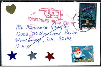 4,75 kr. Plakat på brev fra København d. 6.12.1991 til Woodbridge, USA. Retur med stempel Forwarding order expire.