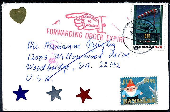 4,75 kr. Plakat på brev fra København d. 6.12.1991 til Woodbridge, USA. Retur med stempel Forwarding order expire.