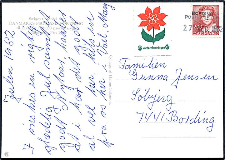 2 kr. Margrethe på julekort annulleret ved ankomst af landpost med trodat-stempel Bording Posteksp. (LP) d. 27.12.1982 til Søbjerg pr. Bording.