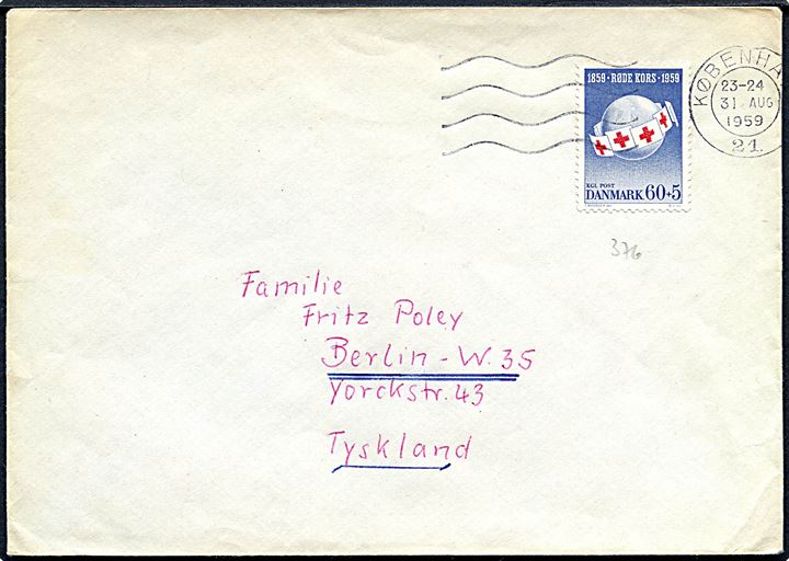60+5 øre Røde Kors på brev fra København d. 31.8.1959 til Berlin, Tyskland.