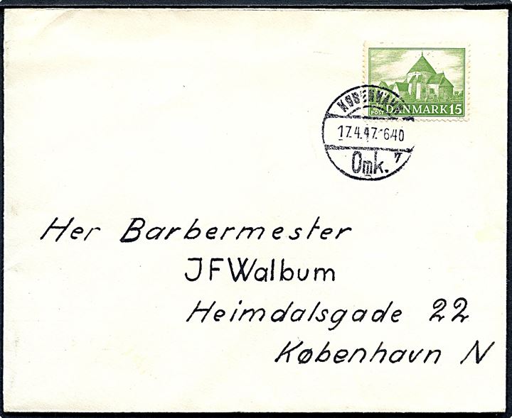 15 øre Landsbykirke på lokalbrev i København d. 17.4.1947.