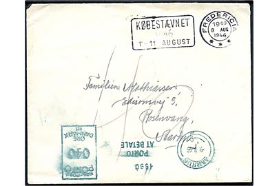 Ufrankeret brev med godt TMS Købestævnet 1946 1'-11' August/Fredericia d. 8.8.1946 til Aarhus. Udtakseret i porto med 40 øre grønt portomaskinstempel fra Aarhus d. 9.8.1946.