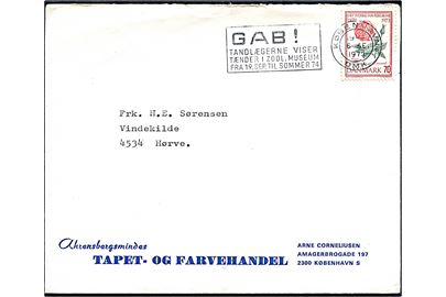 70 øre Jydske Haveselskab på brev annulleret med TMS GAB! Tandlægerne viser tænder i Zool. Museum fra 19. Sep. til Sommer 74/København OMK.6 d. 6.9.1973 til Hørve. 